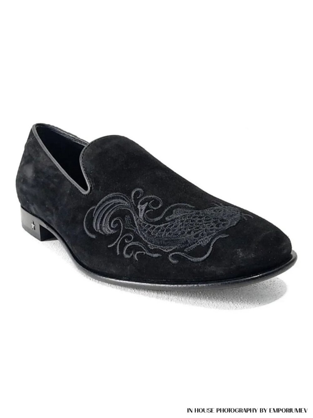 JIMMY CHOO Black Suede Embroidery Eagle Koi Loafers Size EU 44